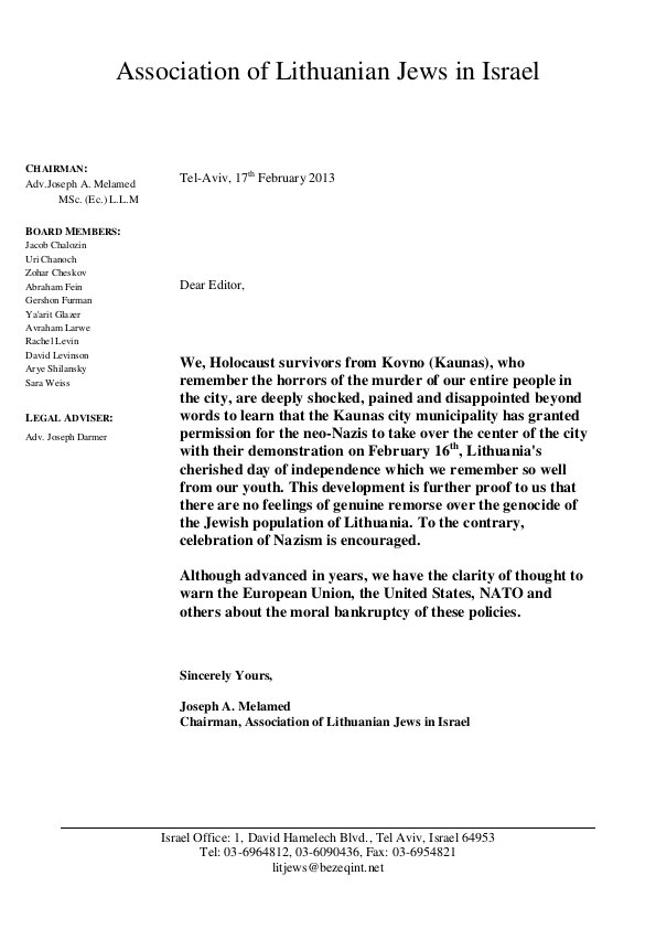 Letter from Holocaust survivors Feb 2013