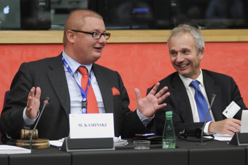 David Lidington (r) with Michal Kaminski in the European Parliament
