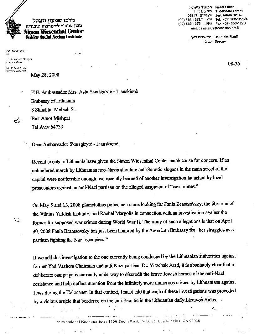 Zuroff protest letter to Lithuanian ambassador to Israel-p. 16